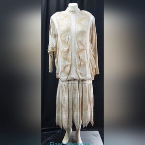 DAMIANOU Gold metallic Crochet Flapper Drop Waist dress lace fringe XXL.NEW VTG.